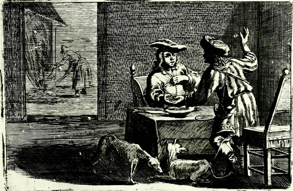 An illustration from Stichtelycke rymen, om te lesen ofte singhen. Onderscheyden in III deelen. Op nieuws over-sien en grootelijckx vermeerdert, oock de noten van druck-fauten ghecorrigeert, en verrijckt met vele copere figuren, 1647, leaf 14