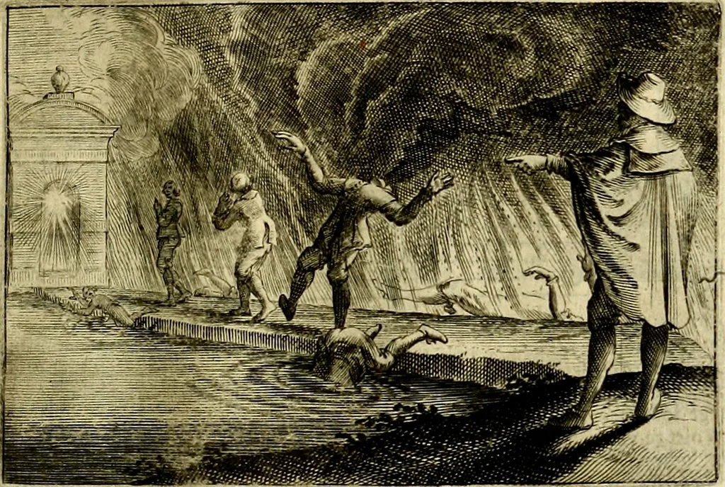 An illustration from Stichtelycke rymen, om te lesen ofte singhen. Onderscheyden in III deelen. Op nieuws over-sien en grootelijckx vermeerdert, oock de noten van druck-fauten ghecorrigeert, en verrijckt met vele copere figuren, 1647, leaf 148