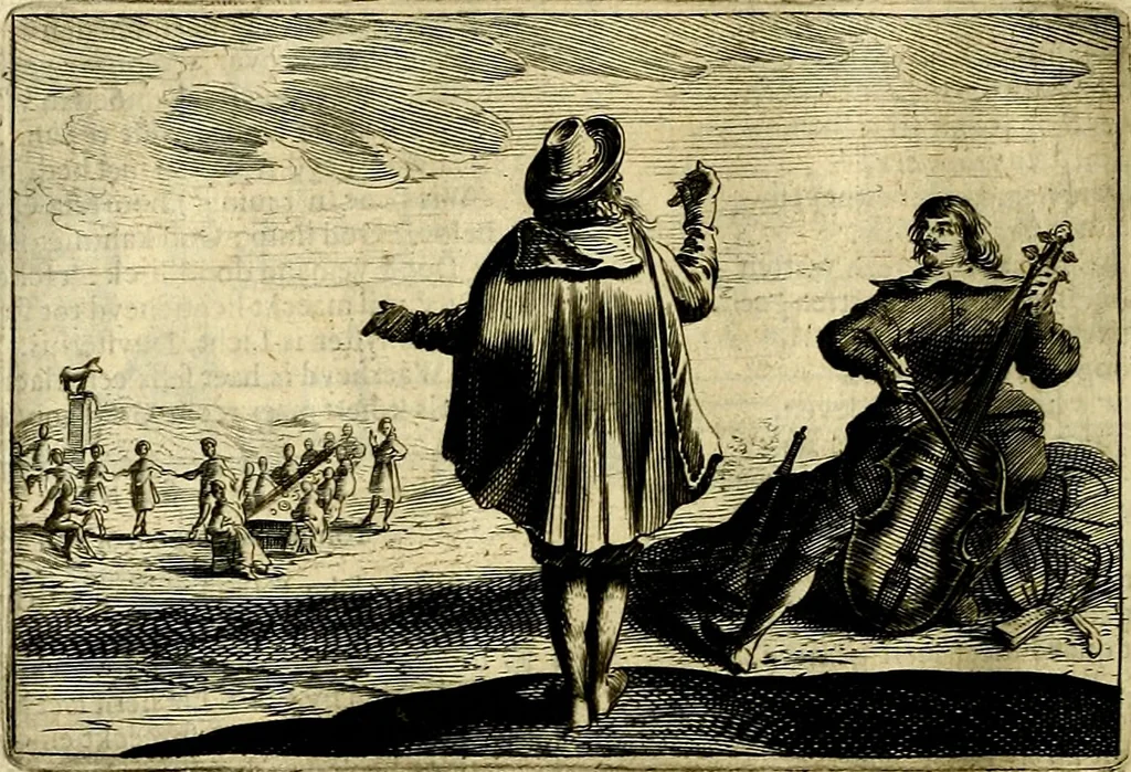 An illustration from Stichtelycke rymen, om te lesen ofte singhen. Onderscheyden in III deelen. Op nieuws over-sien en grootelijckx vermeerdert, oock de noten van druck-fauten ghecorrigeert, en verrijckt met vele copere figuren, 1647, leaf 151