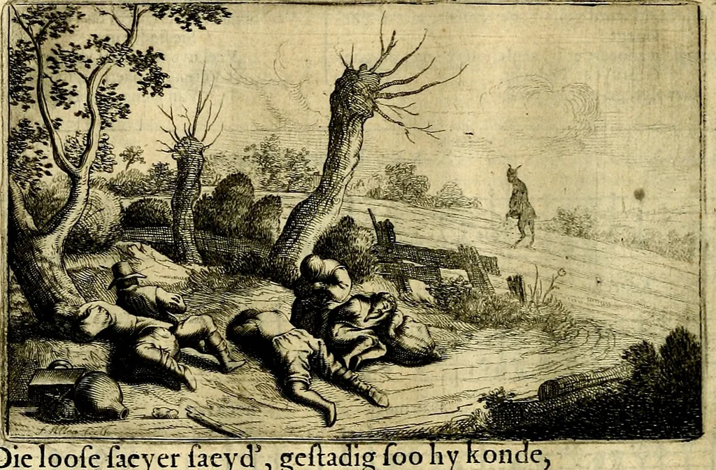 An illustration from Stichtelycke rymen, om te lesen ofte singhen. Onderscheyden in III deelen. Op nieuws over-sien en grootelijckx vermeerdert, oock de noten van druck-fauten ghecorrigeert, en verrijckt met vele copere figuren, 1647, leaf 157