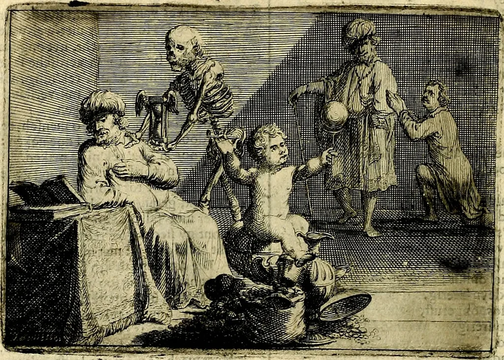 An illustration from Stichtelycke rymen, om te lesen ofte singhen. Onderscheyden in III deelen. Op nieuws over-sien en grootelijckx vermeerdert, oock de noten van druck-fauten ghecorrigeert, en verrijckt met vele copere figuren, 1647, leaf 163