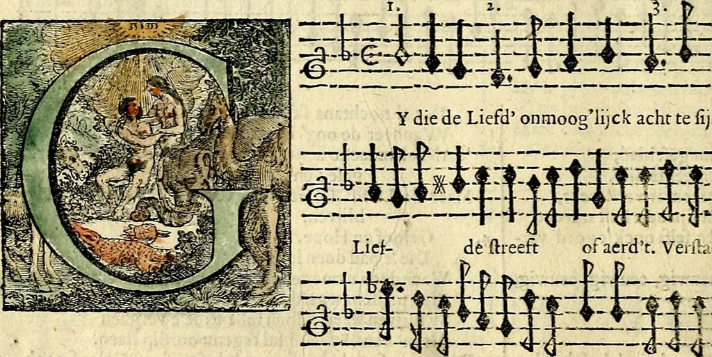 An illustration from Stichtelycke rymen, om te lesen ofte singhen. Onderscheyden in III deelen. Op nieuws over-sien en grootelijckx vermeerdert, oock de noten van druck-fauten ghecorrigeert, en verrijckt met vele copere figuren, 1647, leaf 173
