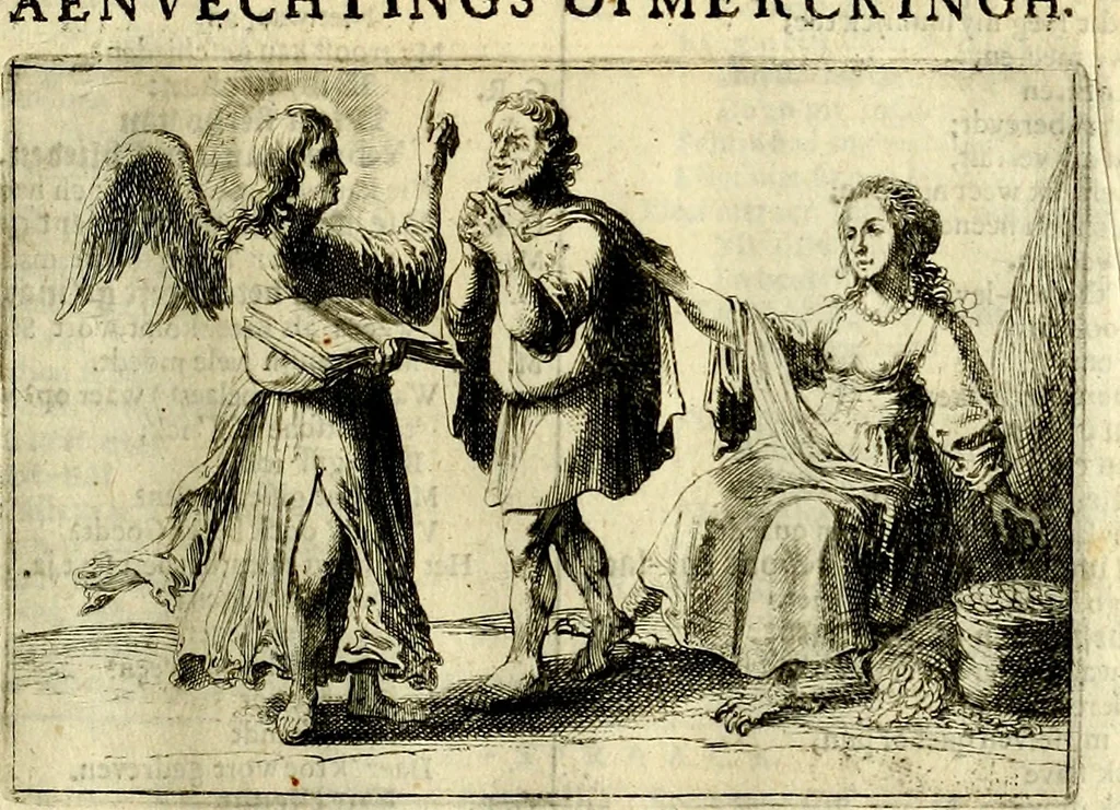 An illustration from Stichtelycke rymen, om te lesen ofte singhen. Onderscheyden in III deelen. Op nieuws over-sien en grootelijckx vermeerdert, oock de noten van druck-fauten ghecorrigeert, en verrijckt met vele copere figuren, 1647, leaf 24