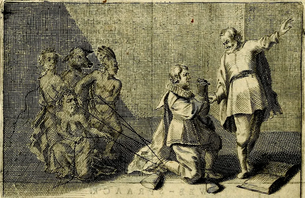 An illustration from Stichtelycke rymen, om te lesen ofte singhen. Onderscheyden in III deelen. Op nieuws over-sien en grootelijckx vermeerdert, oock de noten van druck-fauten ghecorrigeert, en verrijckt met vele copere figuren, 1647, leaf 27