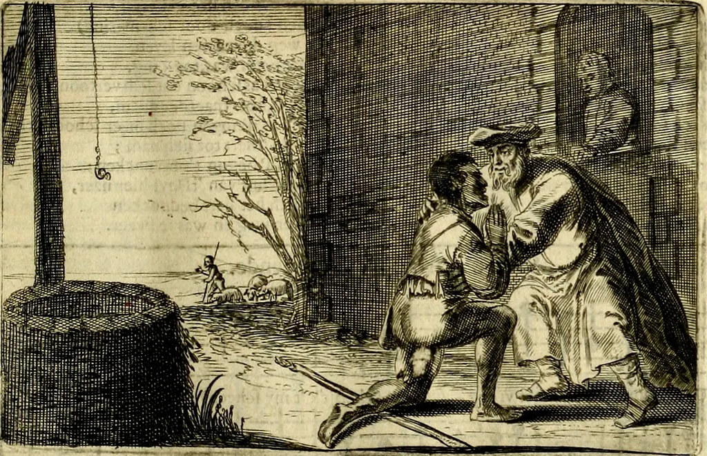 An illustration from Stichtelycke rymen, om te lesen ofte singhen. Onderscheyden in III deelen. Op nieuws over-sien en grootelijckx vermeerdert, oock de noten van druck-fauten ghecorrigeert, en verrijckt met vele copere figuren, 1647, leaf 30