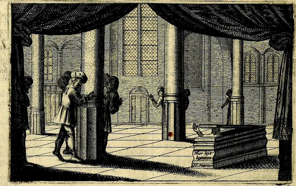 An illustration from Stichtelycke rymen, om te lesen ofte singhen. Onderscheyden in III deelen. Op nieuws over-sien en grootelijckx vermeerdert, oock de noten van druck-fauten ghecorrigeert, en verrijckt met vele copere figuren, 1647, leaf 337