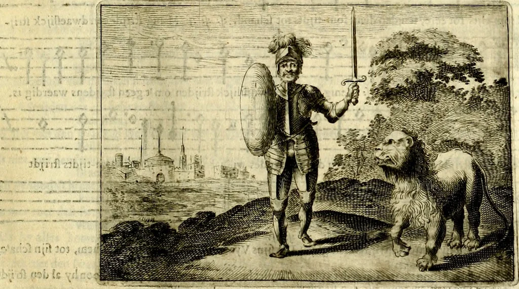 An illustration from Stichtelycke rymen, om te lesen ofte singhen. Onderscheyden in III deelen. Op nieuws over-sien en grootelijckx vermeerdert, oock de noten van druck-fauten ghecorrigeert, en verrijckt met vele copere figuren, 1647, leaf 36