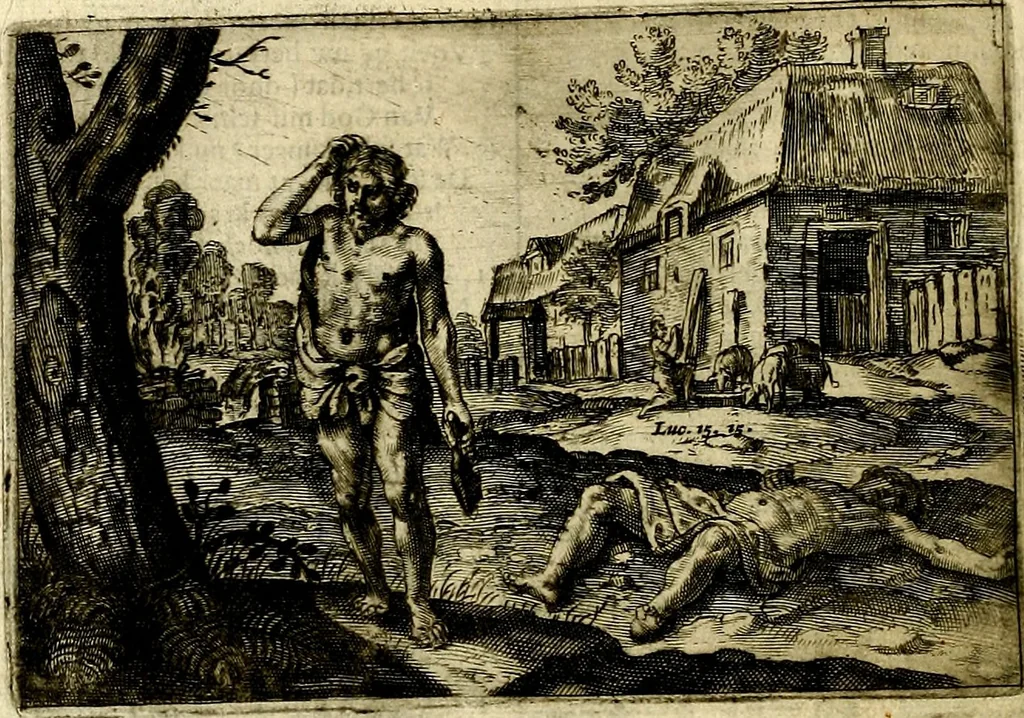 An illustration from Stichtelycke rymen, om te lesen ofte singhen. Onderscheyden in III deelen. Op nieuws over-sien en grootelijckx vermeerdert, oock de noten van druck-fauten ghecorrigeert, en verrijckt met vele copere figuren, 1647, leaf 51