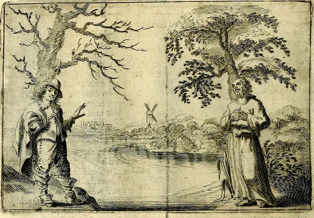 An illustration from Stichtelycke rymen, om te lesen ofte singhen. Onderscheyden in III deelen. Op nieuws over-sien en grootelijckx vermeerdert, oock de noten van druck-fauten ghecorrigeert, en verrijckt met vele copere figuren, 1647, leaf 53