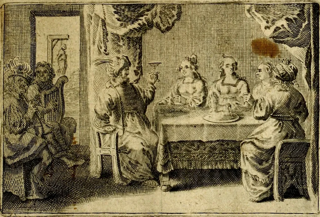 An illustration from Stichtelycke rymen, om te lesen ofte singhen. Onderscheyden in III deelen. Op nieuws over-sien en grootelijckx vermeerdert, oock de noten van druck-fauten ghecorrigeert, en verrijckt met vele copere figuren, 1647, leaf 72