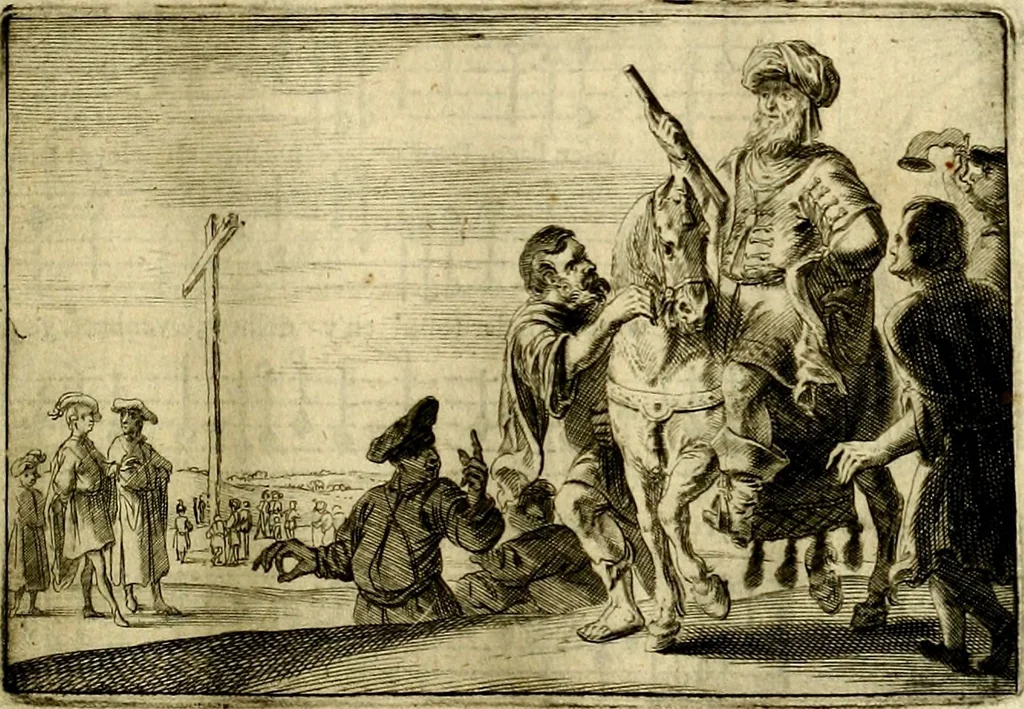 An illustration from Stichtelycke rymen, om te lesen ofte singhen. Onderscheyden in III deelen. Op nieuws over-sien en grootelijckx vermeerdert, oock de noten van druck-fauten ghecorrigeert, en verrijckt met vele copere figuren, 1647, leaf 74