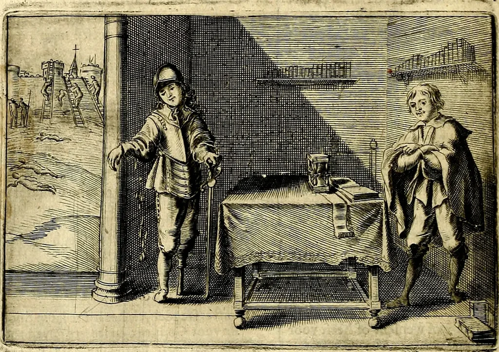 An illustration from Stichtelycke rymen, om te lesen ofte singhen. Onderscheyden in III deelen. Op nieuws over-sien en grootelijckx vermeerdert, oock de noten van druck-fauten ghecorrigeert, en verrijckt met vele copere figuren, 1647, leaf 87