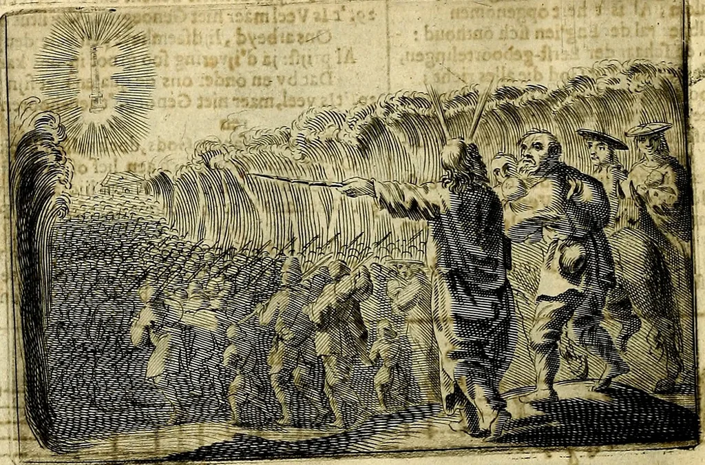 An illustration from Stichtelycke rymen, om te lesen ofte singhen. Onderscheyden in III deelen. Op nieuws over-sien en grootelijckx vermeerdert, oock de noten van druck-fauten ghecorrigeert, en verrijckt met vele copere figuren, 1647, leaf 89