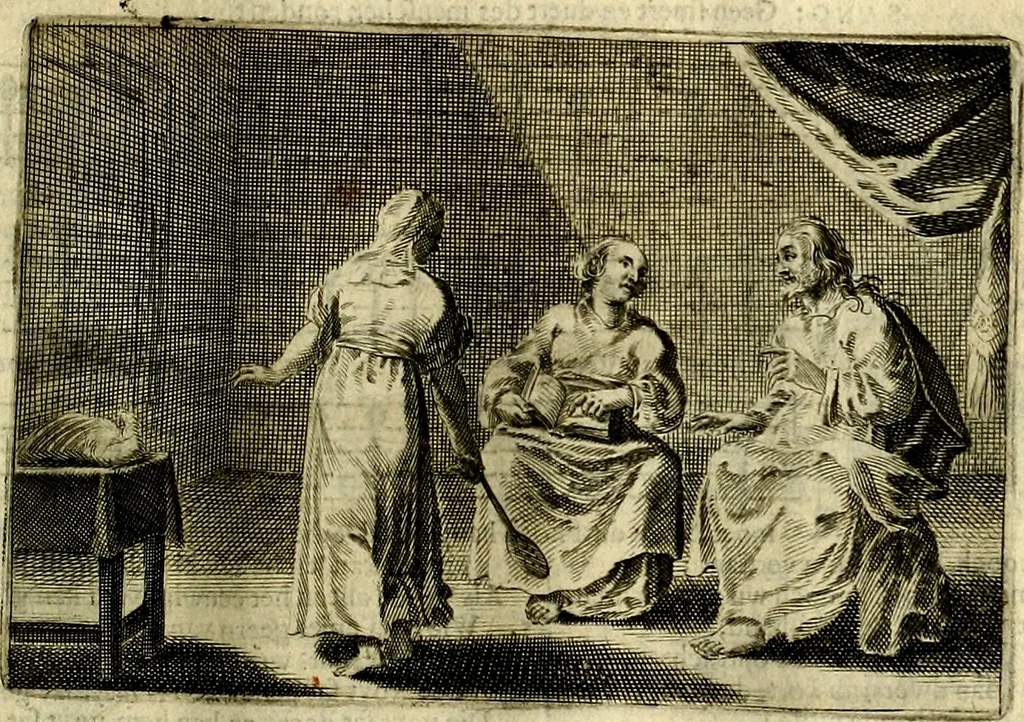 An illustration from Stichtelycke rymen, om te lesen ofte singhen. Onderscheyden in III deelen. Op nieuws over-sien en grootelijckx vermeerdert, oock de noten van druck-fauten ghecorrigeert, en verrijckt met vele copere figuren, 1647, leaf 96