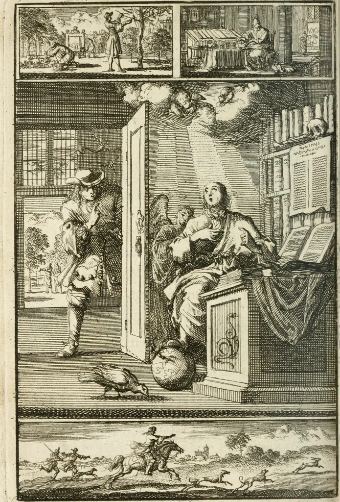 An illustration from Stichtelyke rymen op verscheiden stoffen : waar van ontrent de helft nooit voor-deesen gedrukt zijn : hier in order gestelt in twee deelen, 1700, leaf 77
