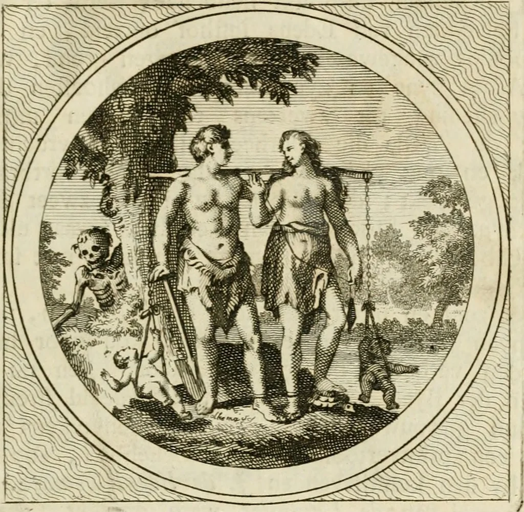 An illustration from Stichtelyke zinnebeelden : gepast of deugden en ondeugden, in LVII tafereelen vertoond, 1767, leaf 34