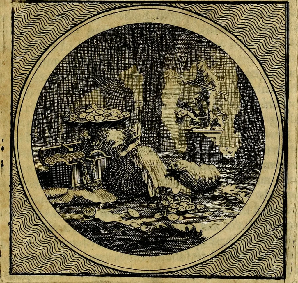 An illustration from Stichtelyke zinnebeelden gepast op deugden en ondeugden : in LVII tafereeelen vertoont, 1723, leaf 210