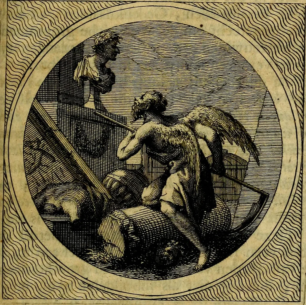 An illustration from Stichtelyke zinnebeelden gepast op deugden en ondeugden : in LVII tafereeelen vertoont, 1723, leaf 96