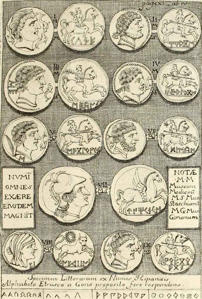 An illustration from Storia antiquaria etrusca : del principio e de' progressi fatti finora nello studio sopra l'antichità etrusche scritte e figurate : divisa in due parti, colla difesa dell' alfabeto degli antichi Toscani pubblicato nel MDCCXXXVIII dall' autore del Museo etrusco [i.e. Scipione Maffei] : col XII tavole e figure, 1749, leaf 118