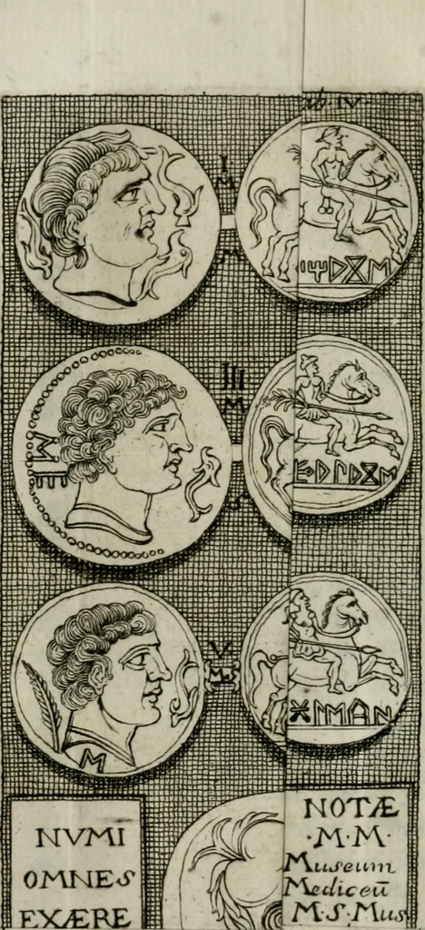 An illustration from Storia antiquaria etrusca : del principio e de' progressi fatti finora nello studio sopra l'antichità etrusche scritte e figurate : divisa in due parti, colla difesa dell' alfabeto degli antichi Toscani pubblicato nel MDCCXXXVIII dall' autore del Museo etrusco [i.e. Scipione Maffei] : col XII tavole e figure, 1749, leaf 119