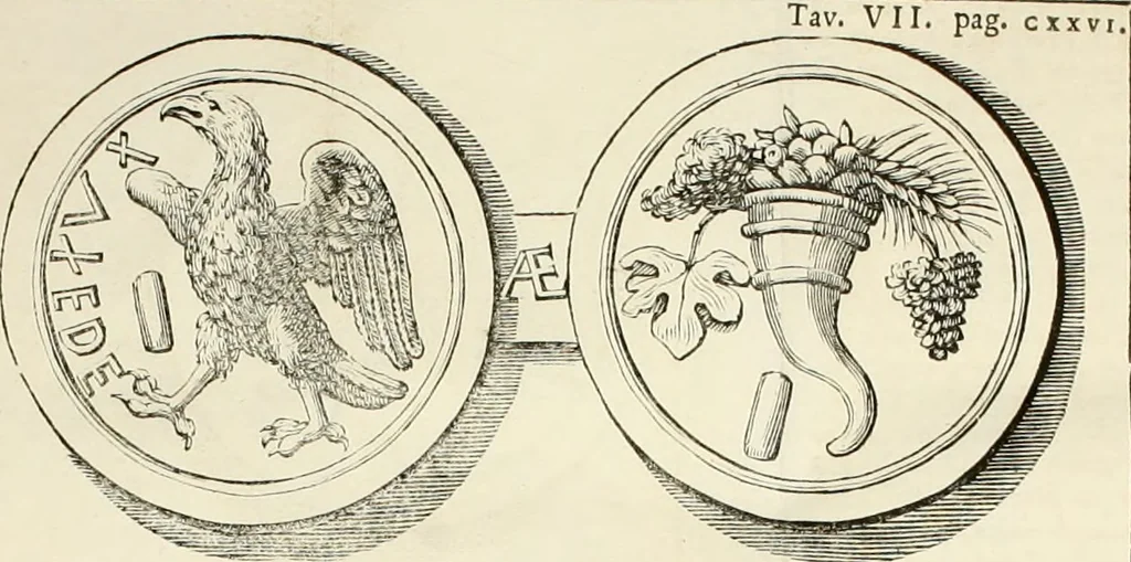 An illustration from Storia antiquaria etrusca : del principio e de' progressi fatti finora nello studio sopra l'antichità etrusche scritte e figurate : divisa in due parti, colla difesa dell' alfabeto degli antichi Toscani pubblicato nel MDCCXXXVIII dall' autore del Museo etrusco [i.e. Scipione Maffei] : col XII tavole e figure, 1749, leaf 141