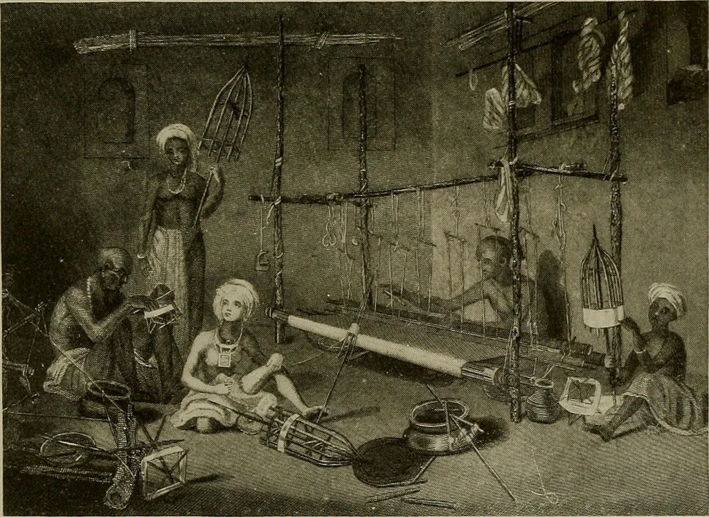 An illustration from The story of textiles; a bird's-eye view of the history of the beginning and the growth of the industry by which mankind is clothed, 1912, leaf 104