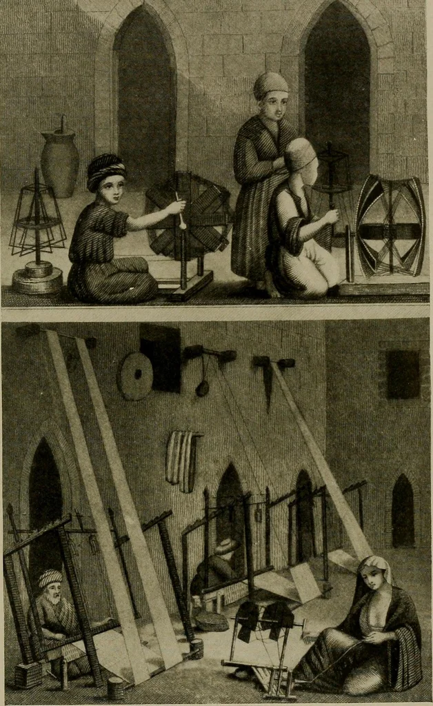 An illustration from The story of textiles; a bird's-eye view of the history of the beginning and the growth of the industry by which mankind is clothed, 1912, leaf 92