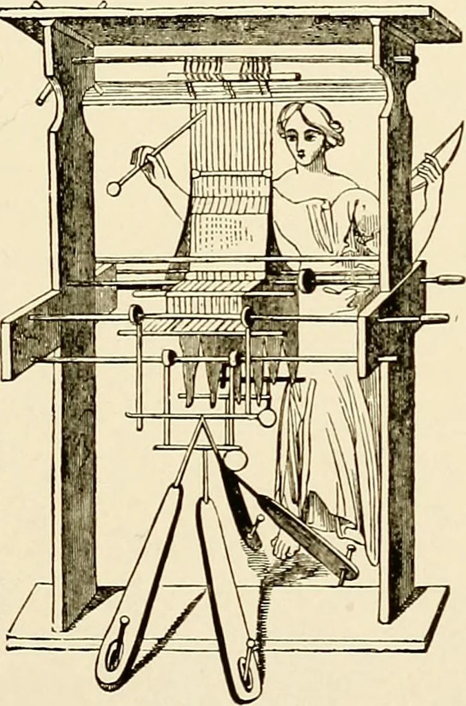 An illustration from The story of textiles; a bird's-eye view of the history of the beginning and the growth of the industry by which mankind is clothed, 1912, leaf 28