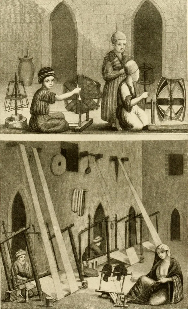 An illustration from The story of textiles; a bird's-eye view of the history of the beginning and the growth of the industry by which mankind is clothed, 1912, leaf 94