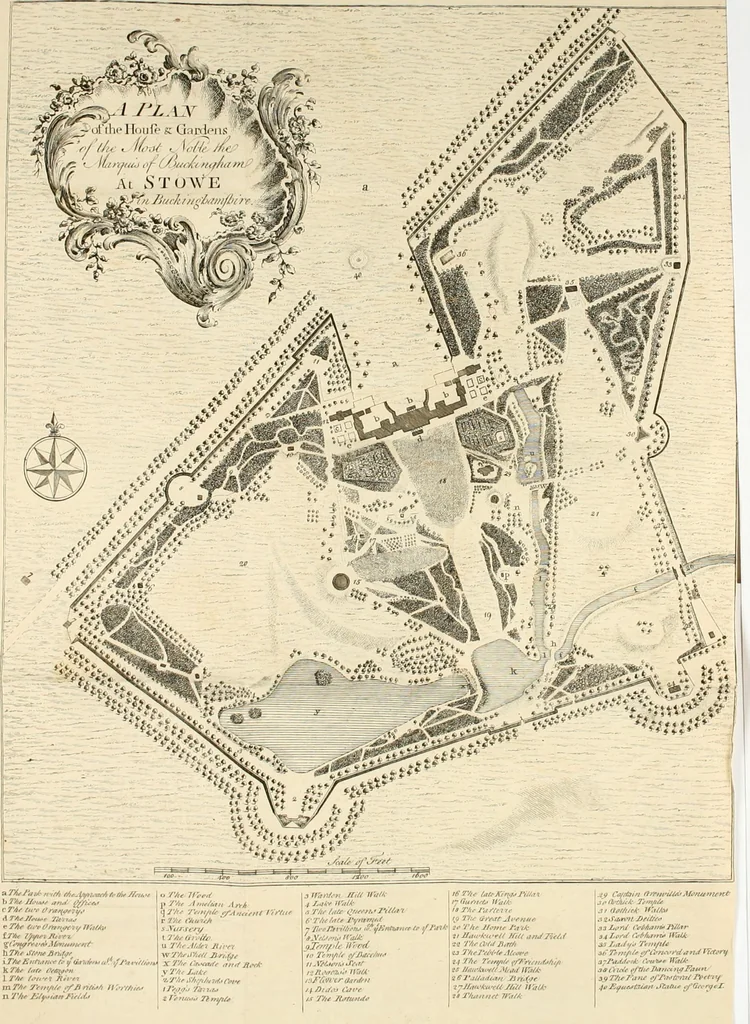 An illustration from Stowe : a description of the house and gardens of the most noble and puissant prince, George Grenville Nugent Temple, Marquis of Buckingham, Earl Temple, Viscount and Baron Cobham .., 1788, leaf 4