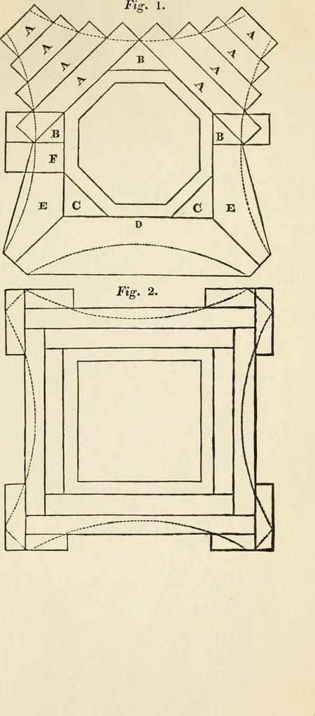 An illustration from The student's instructor in drawing and working : the five orders of architecture : fully explaining the best methods for striking regular and quirked mouldings, for diminishing and glueing of columns and capitals, for finding the true diameter of an order to any given height, for striking the ionic volute, circular or elliptical, with finished examples, on a large scale, of the orders, their planceers, etc. and some designs for door-cases, 1837, leaf 104