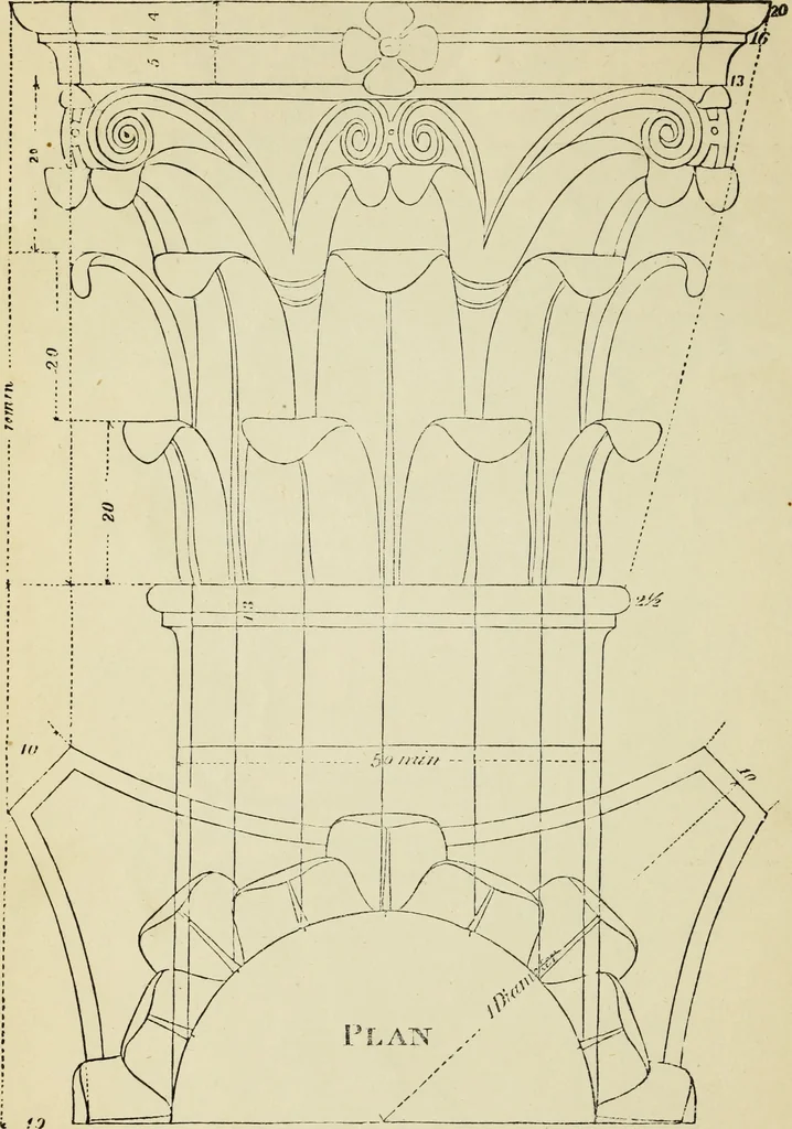 An illustration from The student's instructor in drawing and working : the five orders of architecture : fully explaining the best methods for striking regular and quirked mouldings, for diminishing and glueing of columns and capitals, for finding the true diameter of an order to any given height, for striking the ionic volute, circular or elliptical, with finished examples, on a large scale, of the orders, their planceers, etc. and some designs for door-cases, 1837, leaf 107