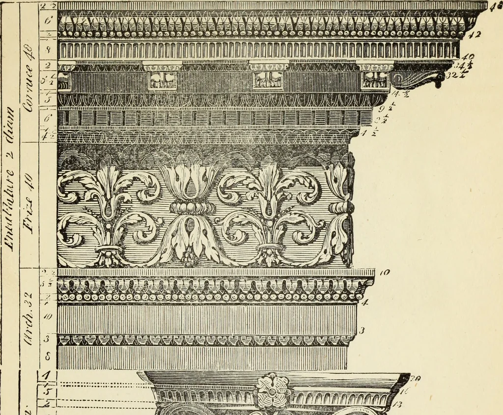 An illustration from The student's instructor in drawing and working : the five orders of architecture : fully explaining the best methods for striking regular and quirked mouldings, for diminishing and glueing of columns and capitals, for finding the true diameter of an order to any given height, for striking the ionic volute, circular or elliptical, with finished examples, on a large scale, of the orders, their planceers, etc. and some designs for door-cases, 1837, leaf 110