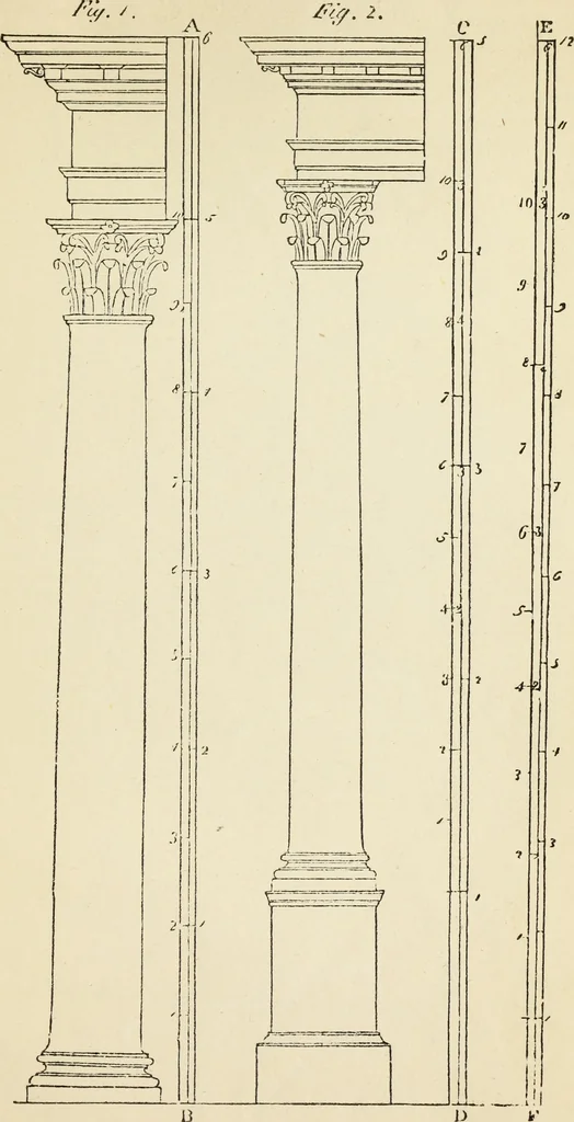 An illustration from The student's instructor in drawing and working : the five orders of architecture : fully explaining the best methods for striking regular and quirked mouldings, for diminishing and glueing of columns and capitals, for finding the true diameter of an order to any given height, for striking the ionic volute, circular or elliptical, with finished examples, on a large scale, of the orders, their planceers, etc. and some designs for door-cases, 1837, leaf 116