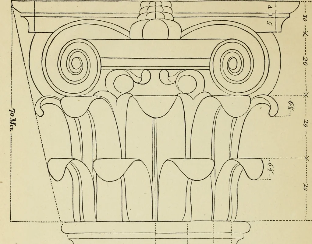 An illustration from The student's instructor in drawing and working : the five orders of architecture : fully explaining the best methods for striking regular and quirked mouldings, for diminishing and glueing of columns and capitals, for finding the true diameter of an order to any given height, for striking the ionic volute, circular or elliptical, with finished examples, on a large scale, of the orders, their planceers, etc. and some designs for door-cases, 1837, leaf 119