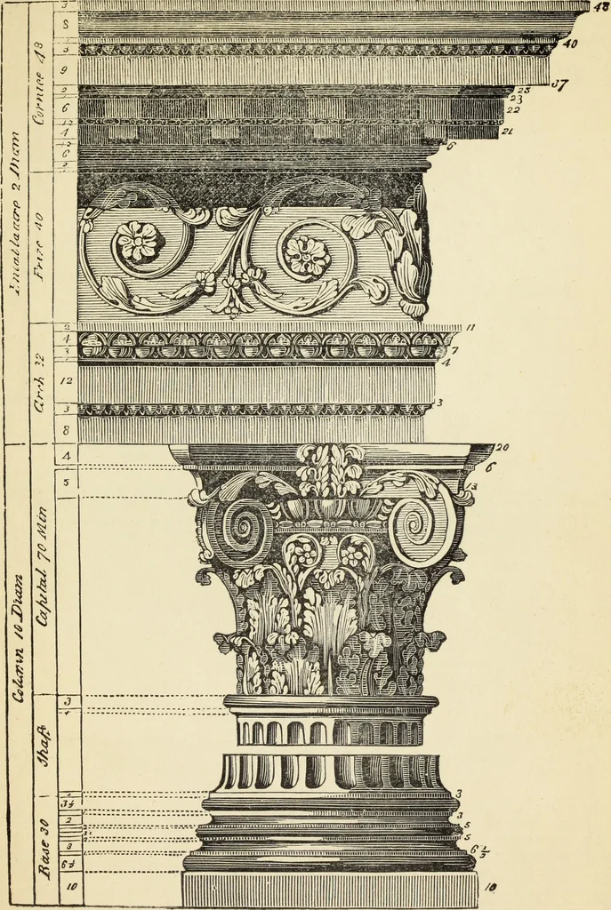 An illustration from The student's instructor in drawing and working : the five orders of architecture : fully explaining the best methods for striking regular and quirked mouldings, for diminishing and glueing of columns and capitals, for finding the true diameter of an order to any given height, for striking the ionic volute, circular or elliptical, with finished examples, on a large scale, of the orders, their planceers, etc. and some designs for door-cases, 1837, leaf 122