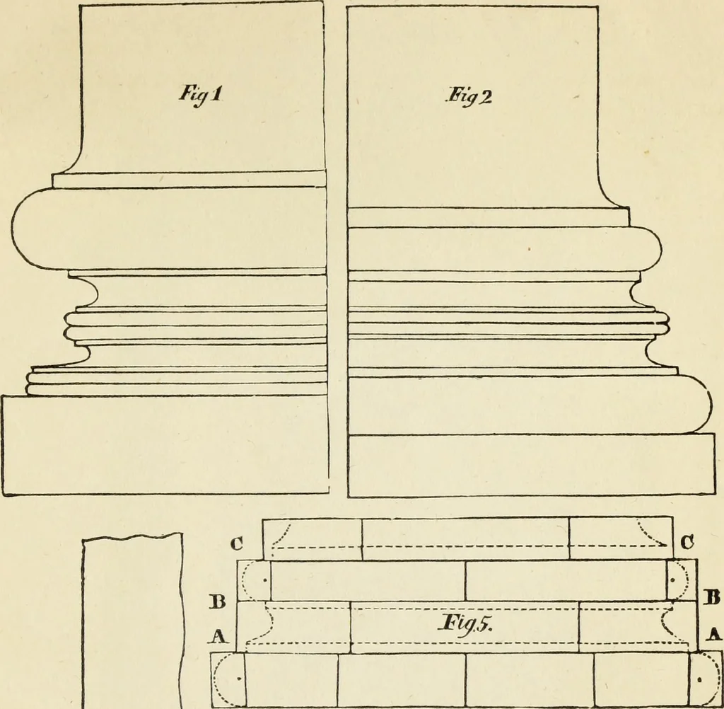 An illustration from The student's instructor in drawing and working : the five orders of architecture : fully explaining the best methods for striking regular and quirked mouldings, for diminishing and glueing of columns and capitals, for finding the true diameter of an order to any given height, for striking the ionic volute, circular or elliptical, with finished examples, on a large scale, of the orders, their planceers, etc. and some designs for door-cases, 1837, leaf 128