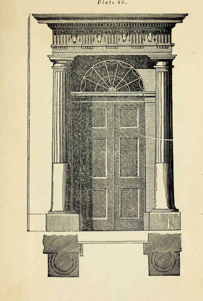 An illustration from The student's instructor in drawing and working : the five orders of architecture : fully explaining the best methods for striking regular and quirked mouldings, for diminishing and glueing of columns and capitals, for finding the true diameter of an order to any given height, for striking the ionic volute, circular or elliptical, with finished examples, on a large scale, of the orders, their planceers, etc. and some designs for door-cases, 1837, leaf 134