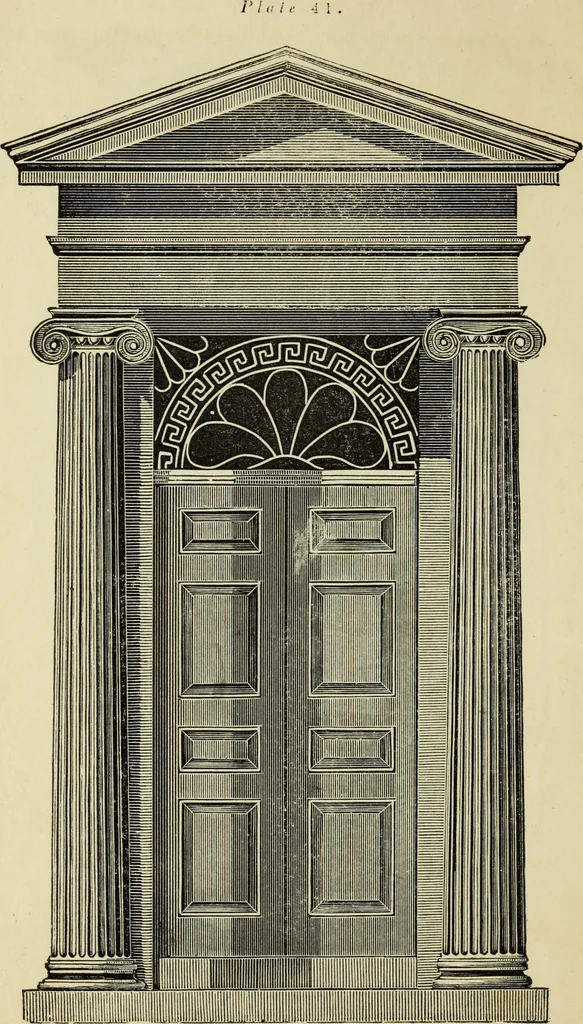 An illustration from The student's instructor in drawing and working : the five orders of architecture : fully explaining the best methods for striking regular and quirked mouldings, for diminishing and glueing of columns and capitals, for finding the true diameter of an order to any given height, for striking the ionic volute, circular or elliptical, with finished examples, on a large scale, of the orders, their planceers, etc. and some designs for door-cases, 1837, leaf 137