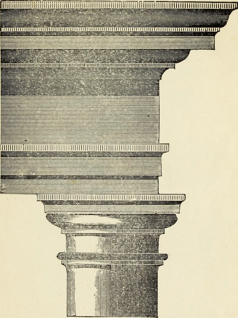 An illustration from The student's instructor in drawing and working : the five orders of architecture : fully explaining the best methods for striking regular and quirked mouldings, for diminishing and glueing of columns and capitals, for finding the true diameter of an order to any given height, for striking the ionic volute, circular or elliptical, with finished examples, on a large scale, of the orders, their planceers, etc. and some designs for door-cases, 1837, leaf 44