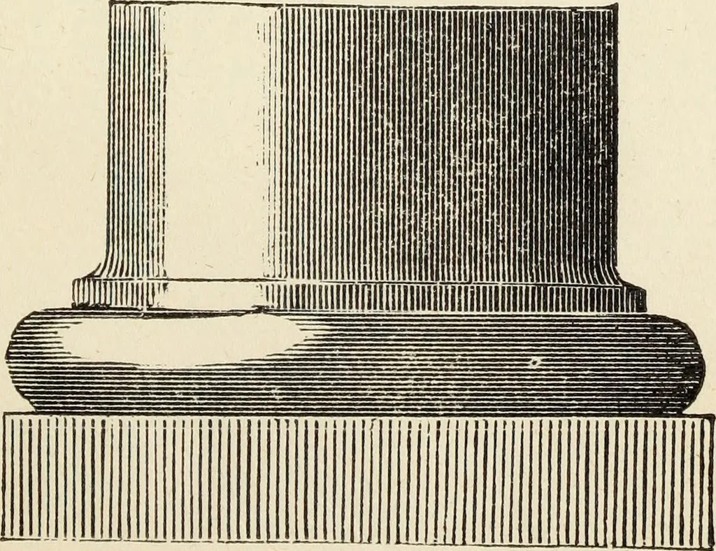 An illustration from The student's instructor in drawing and working : the five orders of architecture : fully explaining the best methods for striking regular and quirked mouldings, for diminishing and glueing of columns and capitals, for finding the true diameter of an order to any given height, for striking the ionic volute, circular or elliptical, with finished examples, on a large scale, of the orders, their planceers, etc. and some designs for door-cases, 1837, leaf 44