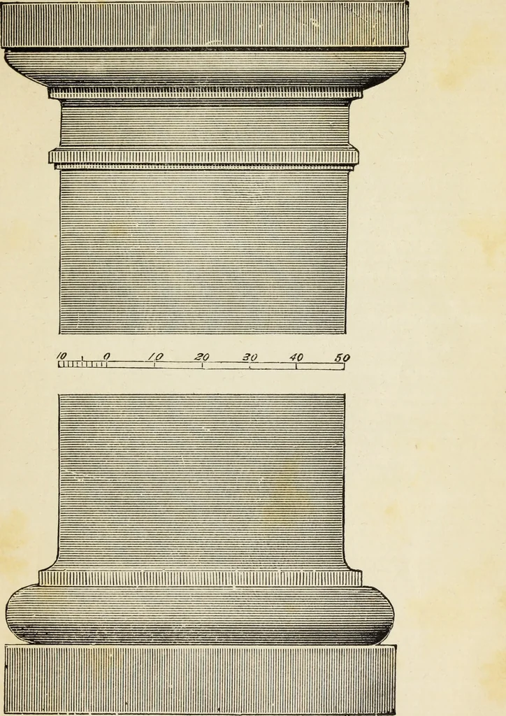 An illustration from The student's instructor in drawing and working : the five orders of architecture : fully explaining the best methods for striking regular and quirked mouldings, for diminishing and glueing of columns and capitals, for finding the true diameter of an order to any given height, for striking the ionic volute, circular or elliptical, with finished examples, on a large scale, of the orders, their planceers, etc. and some designs for door-cases, 1837, leaf 50