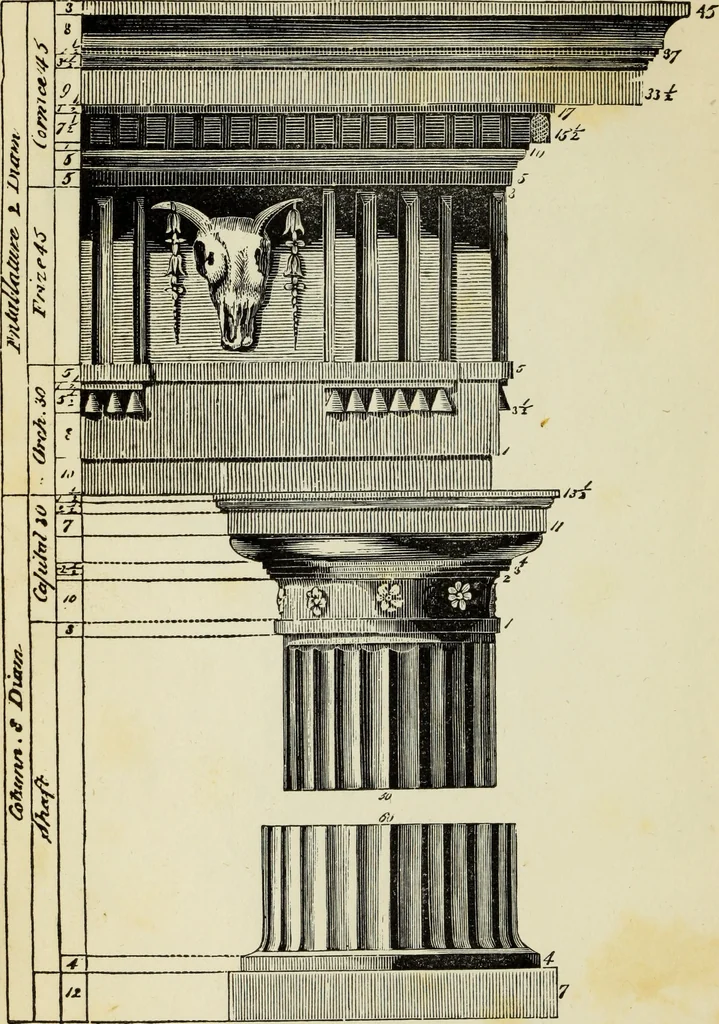 An illustration from The student's instructor in drawing and working : the five orders of architecture : fully explaining the best methods for striking regular and quirked mouldings, for diminishing and glueing of columns and capitals, for finding the true diameter of an order to any given height, for striking the ionic volute, circular or elliptical, with finished examples, on a large scale, of the orders, their planceers, etc. and some designs for door-cases, 1837, leaf 59