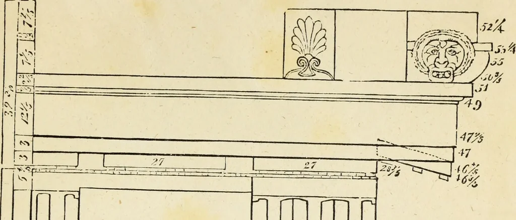An illustration from The student's instructor in drawing and working : the five orders of architecture : fully explaining the best methods for striking regular and quirked mouldings, for diminishing and glueing of columns and capitals, for finding the true diameter of an order to any given height, for striking the ionic volute, circular or elliptical, with finished examples, on a large scale, of the orders, their planceers, etc. and some designs for door-cases, 1837, leaf 62