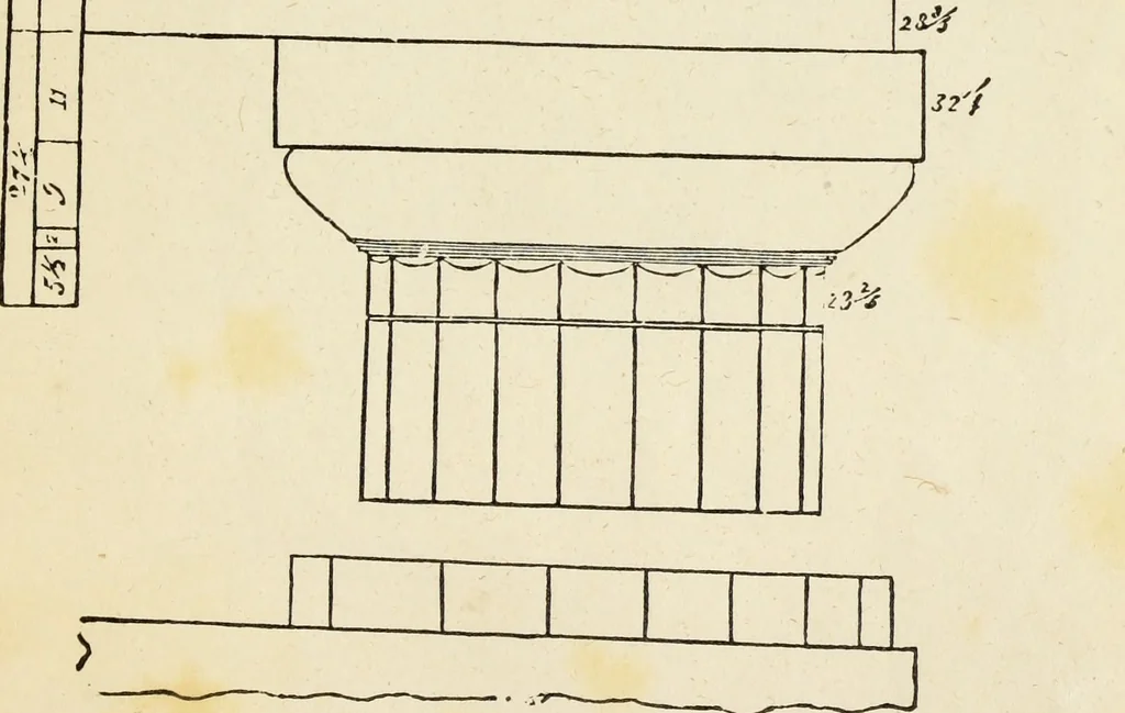 An illustration from The student's instructor in drawing and working : the five orders of architecture : fully explaining the best methods for striking regular and quirked mouldings, for diminishing and glueing of columns and capitals, for finding the true diameter of an order to any given height, for striking the ionic volute, circular or elliptical, with finished examples, on a large scale, of the orders, their planceers, etc. and some designs for door-cases, 1837, leaf 62