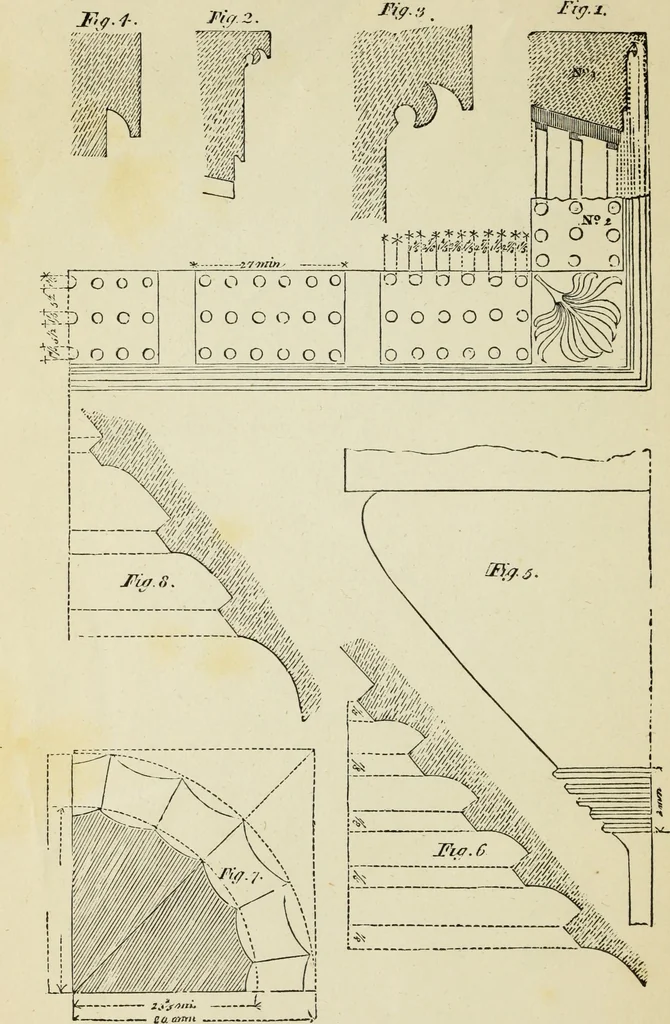 An illustration from The student's instructor in drawing and working : the five orders of architecture : fully explaining the best methods for striking regular and quirked mouldings, for diminishing and glueing of columns and capitals, for finding the true diameter of an order to any given height, for striking the ionic volute, circular or elliptical, with finished examples, on a large scale, of the orders, their planceers, etc. and some designs for door-cases, 1837, leaf 65