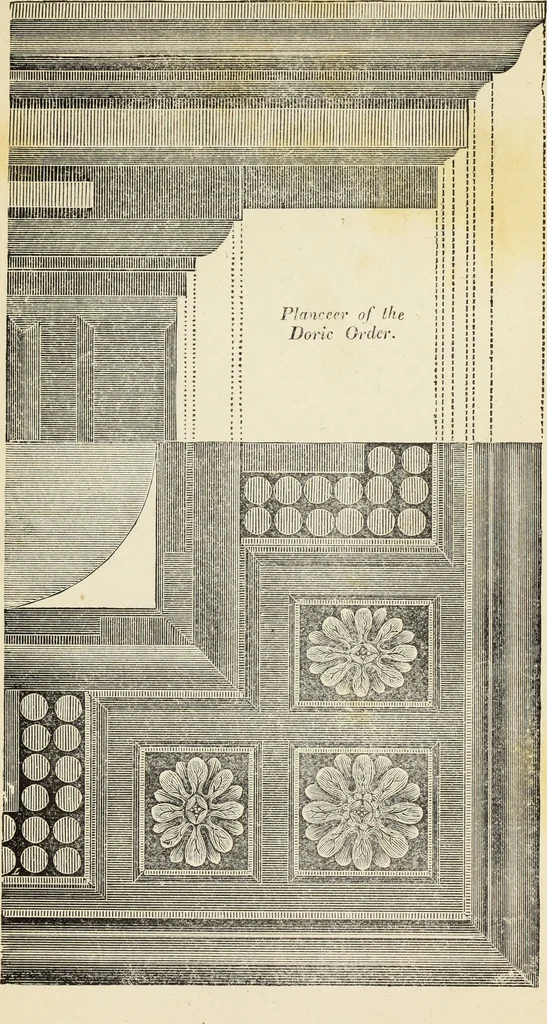 An illustration from The student's instructor in drawing and working : the five orders of architecture : fully explaining the best methods for striking regular and quirked mouldings, for diminishing and glueing of columns and capitals, for finding the true diameter of an order to any given height, for striking the ionic volute, circular or elliptical, with finished examples, on a large scale, of the orders, their planceers, etc. and some designs for door-cases, 1837, leaf 68