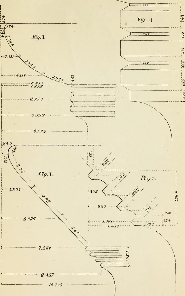 An illustration from The student's instructor in drawing and working : the five orders of architecture : fully explaining the best methods for striking regular and quirked mouldings, for diminishing and glueing of columns and capitals, for finding the true diameter of an order to any given height, for striking the ionic volute, circular or elliptical, with finished examples, on a large scale, of the orders, their planceers, etc. and some designs for door-cases, 1837, leaf 74