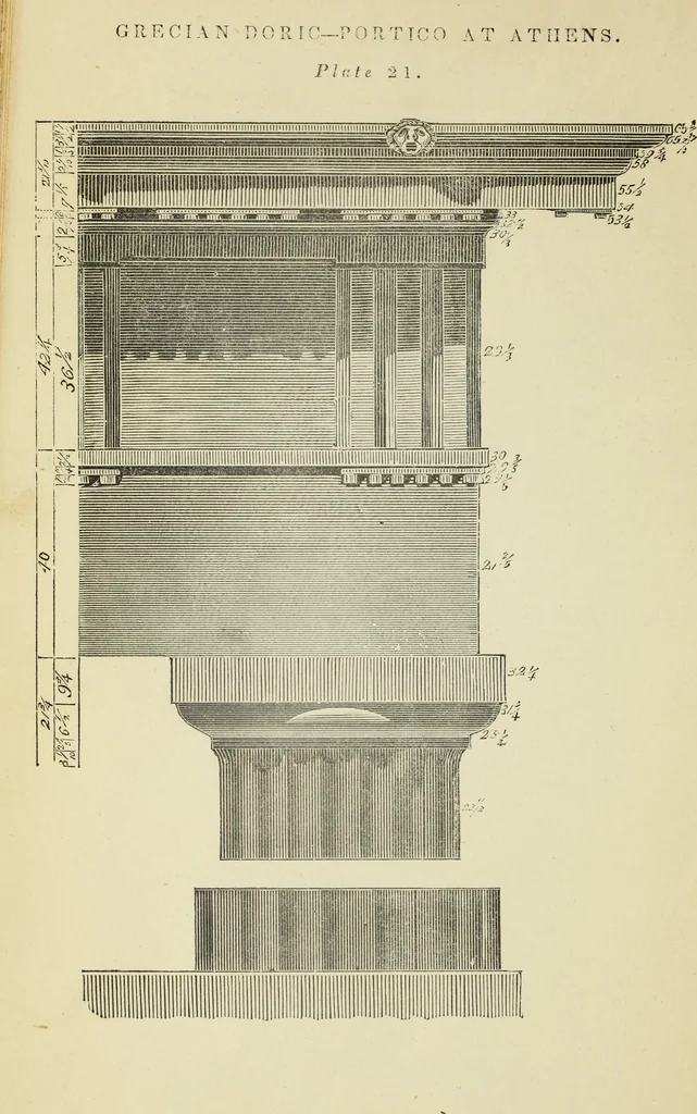 An illustration from The student's instructor in drawing and working : the five orders of architecture : fully explaining the best methods for striking regular and quirked mouldings, for diminishing and glueing of columns and capitals, for finding the true diameter of an order to any given height, for striking the ionic volute, circular or elliptical, with finished examples, on a large scale, of the orders, their planceers, etc. and some designs for door-cases, 1837, leaf 77
