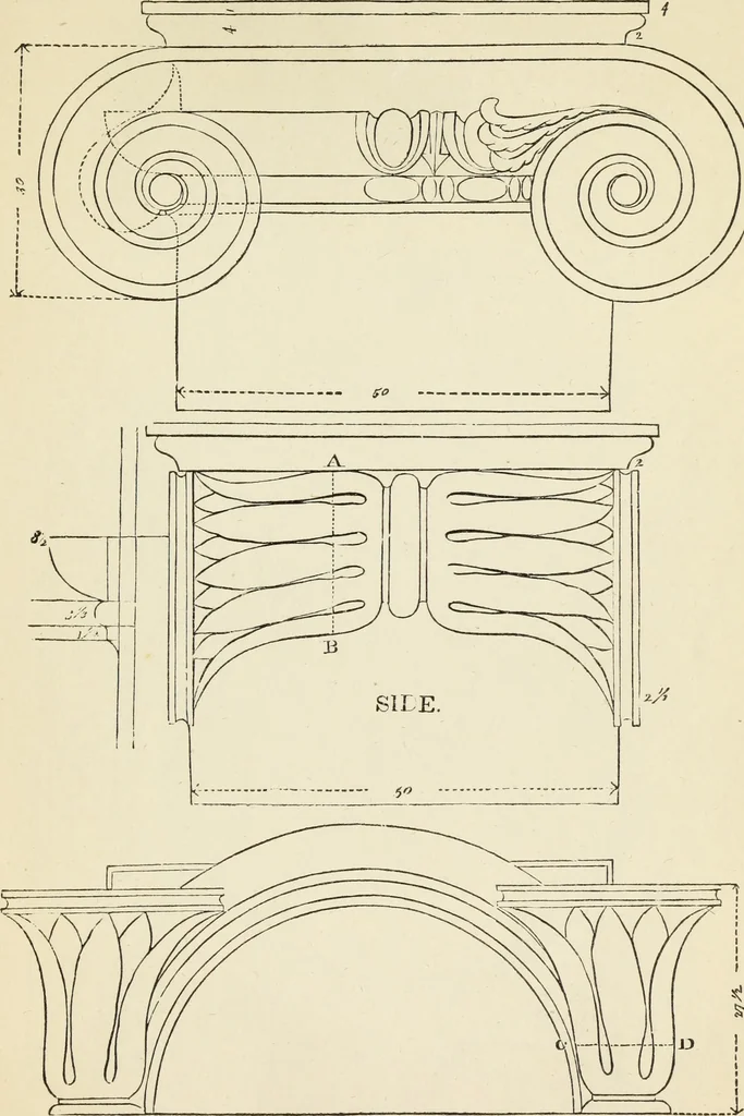 An illustration from The student's instructor in drawing and working : the five orders of architecture : fully explaining the best methods for striking regular and quirked mouldings, for diminishing and glueing of columns and capitals, for finding the true diameter of an order to any given height, for striking the ionic volute, circular or elliptical, with finished examples, on a large scale, of the orders, their planceers, etc. and some designs for door-cases, 1837, leaf 80